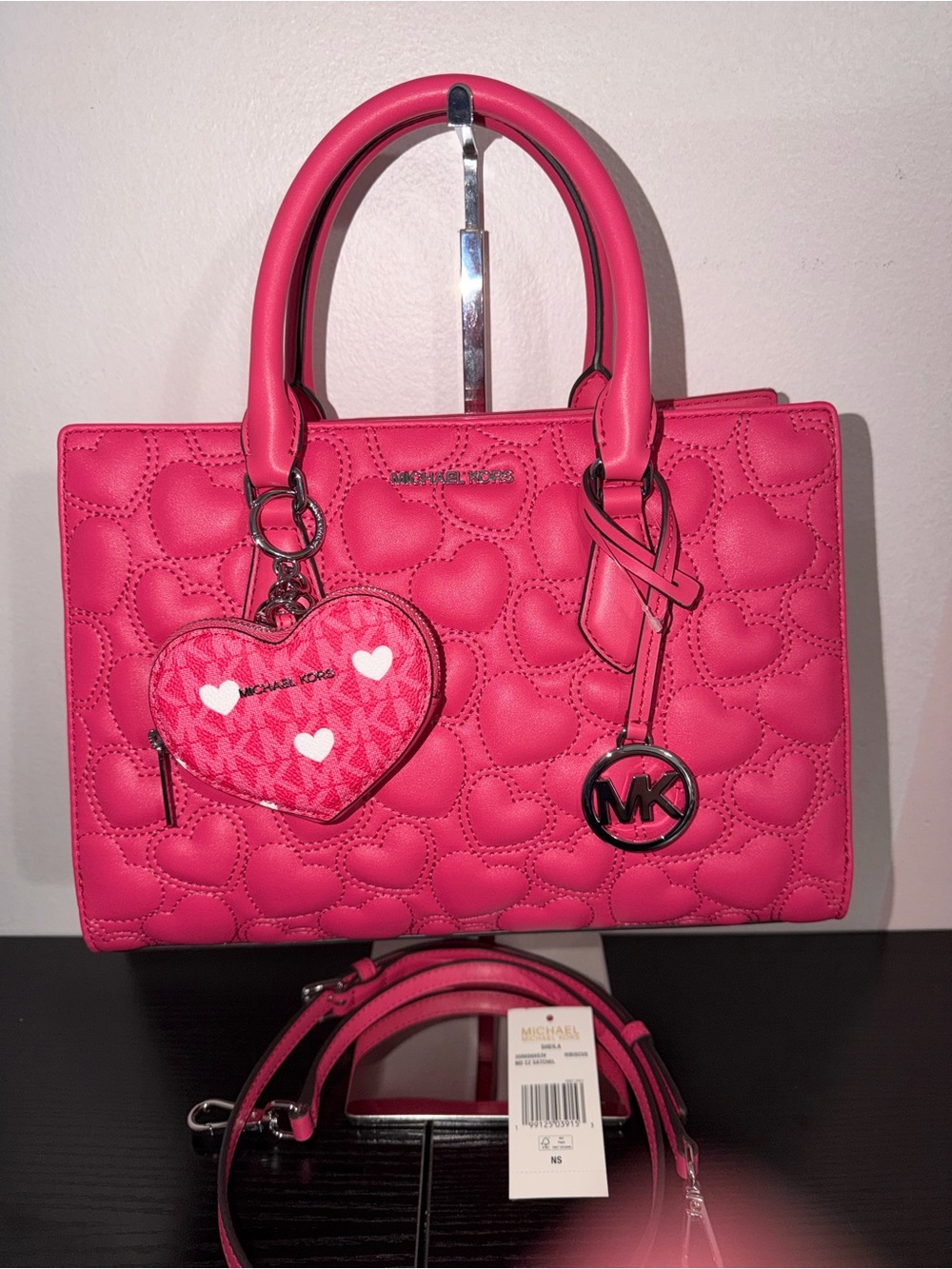Michael Kors Sheila Heart Embroidered Satchel & Heart Coin Pouch NWT Hibiscus
